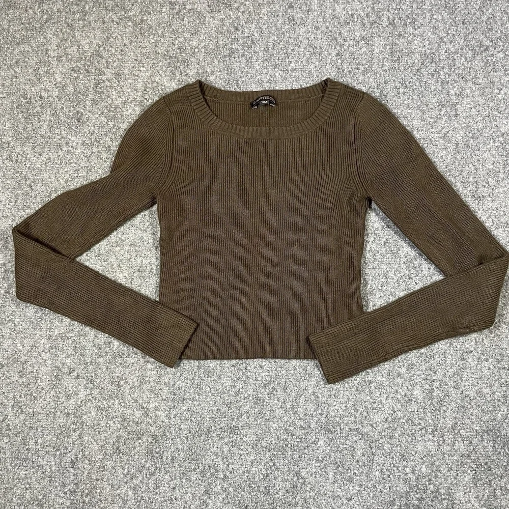 Express Cropped Sweater Women's XS Green Ribbed Long Sleeve Pullover Top Fitted